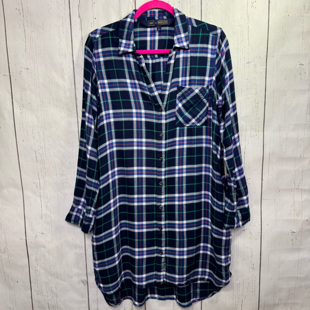 GAP x Pendleton Navy Plaid Shirtdress M Flannel Casual Cozy Dress Cotton Relaxed
